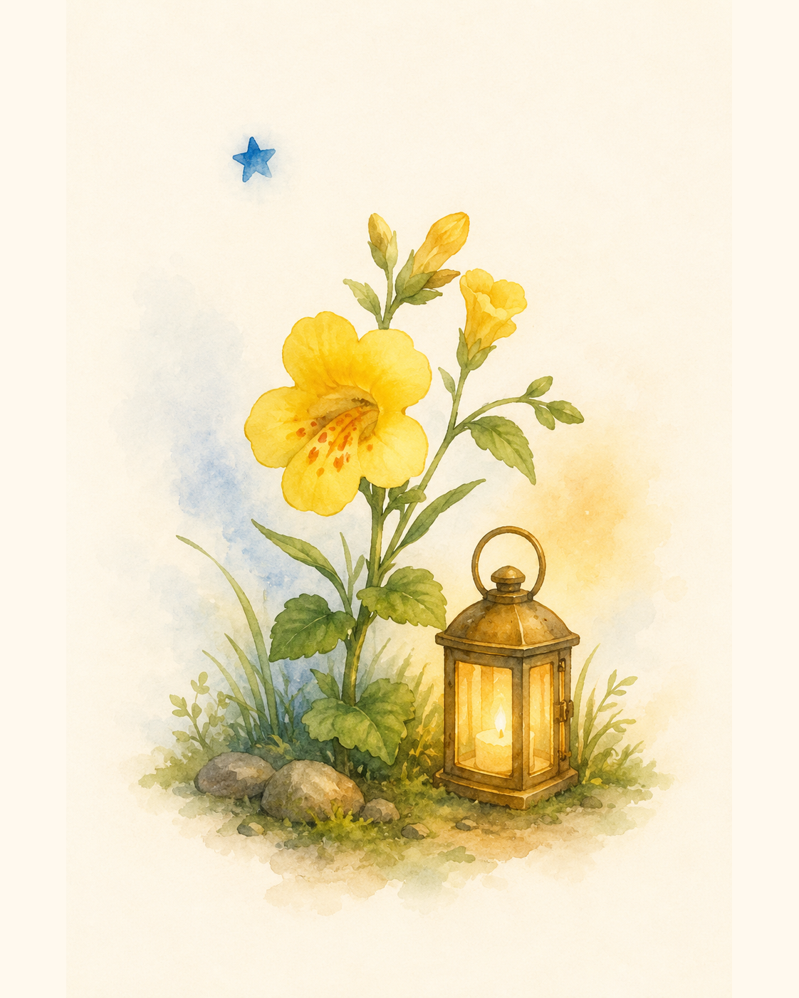Eine gelbe Blume neben einer warm leuchtenden Laterne