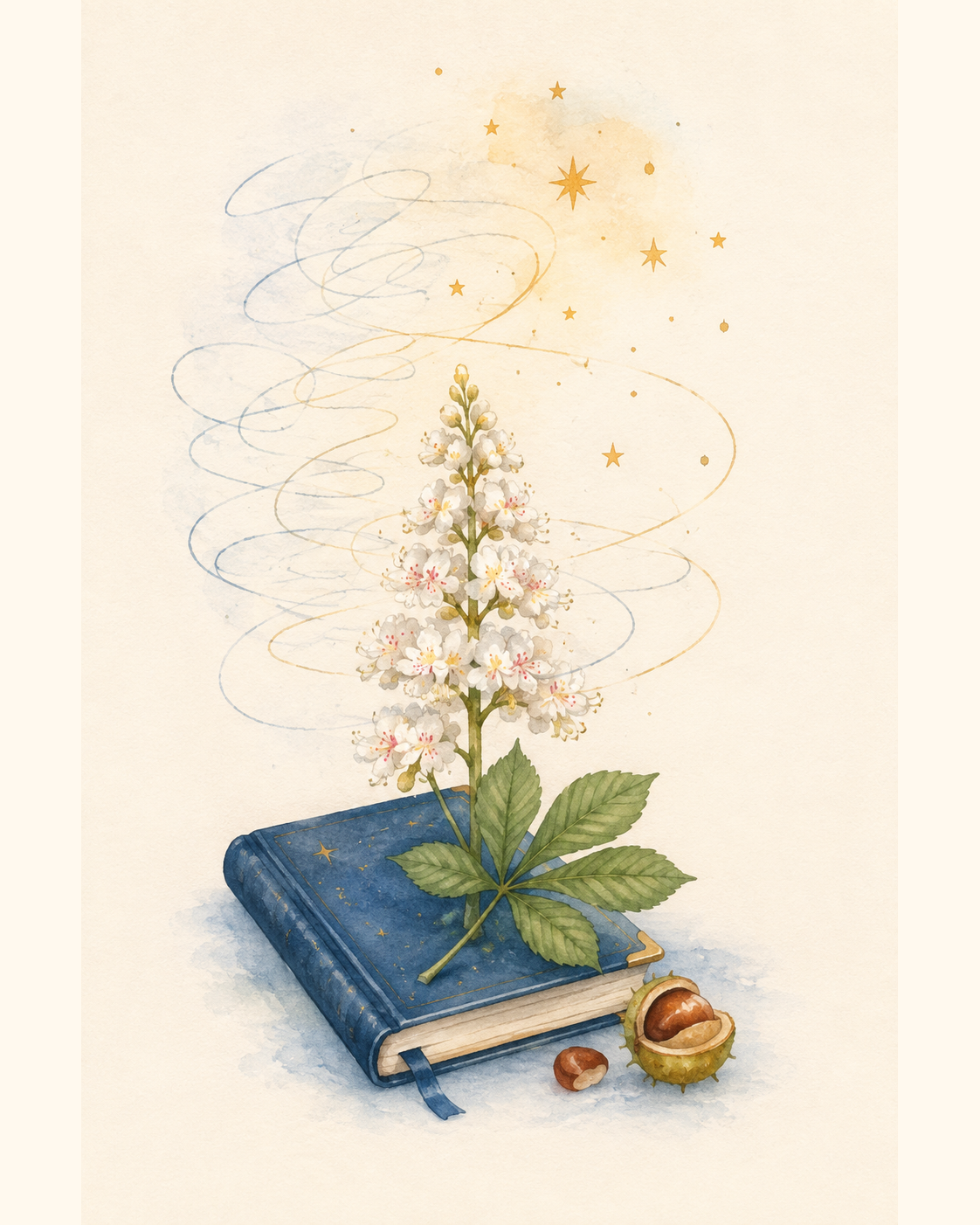 Eine weiße Kastanienblüte über einem kleinen Buch