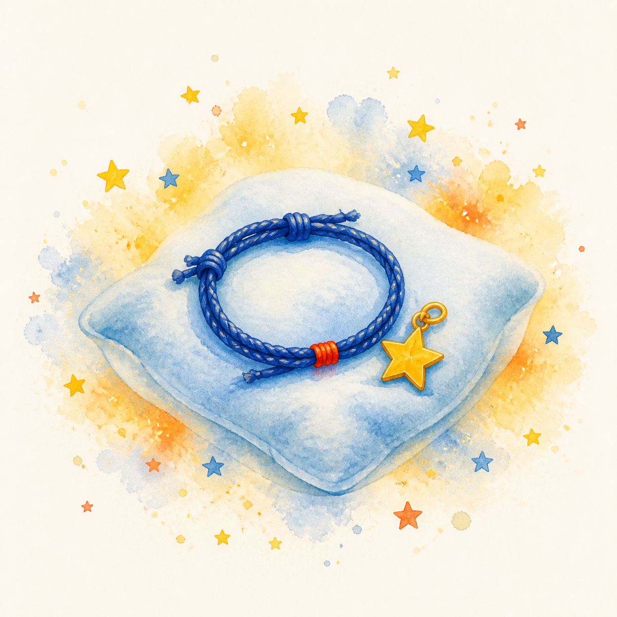 Erinnerungsanker für den Kindergartenstart: blaues Armband mit goldenem Sternanhänger auf samtblauem Kissen, umgeben von funkelndem Sternenlicht