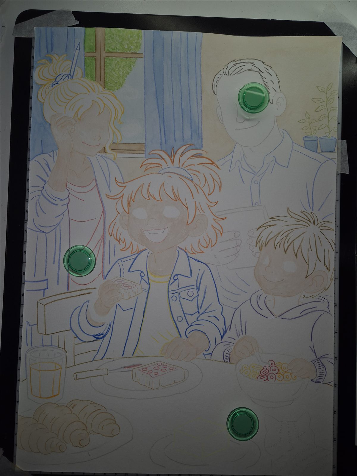 Entstehung der Trulla-Illustration, Schritt 2: Die ersten Farben ziehen in Familie Sterns Küche ein.