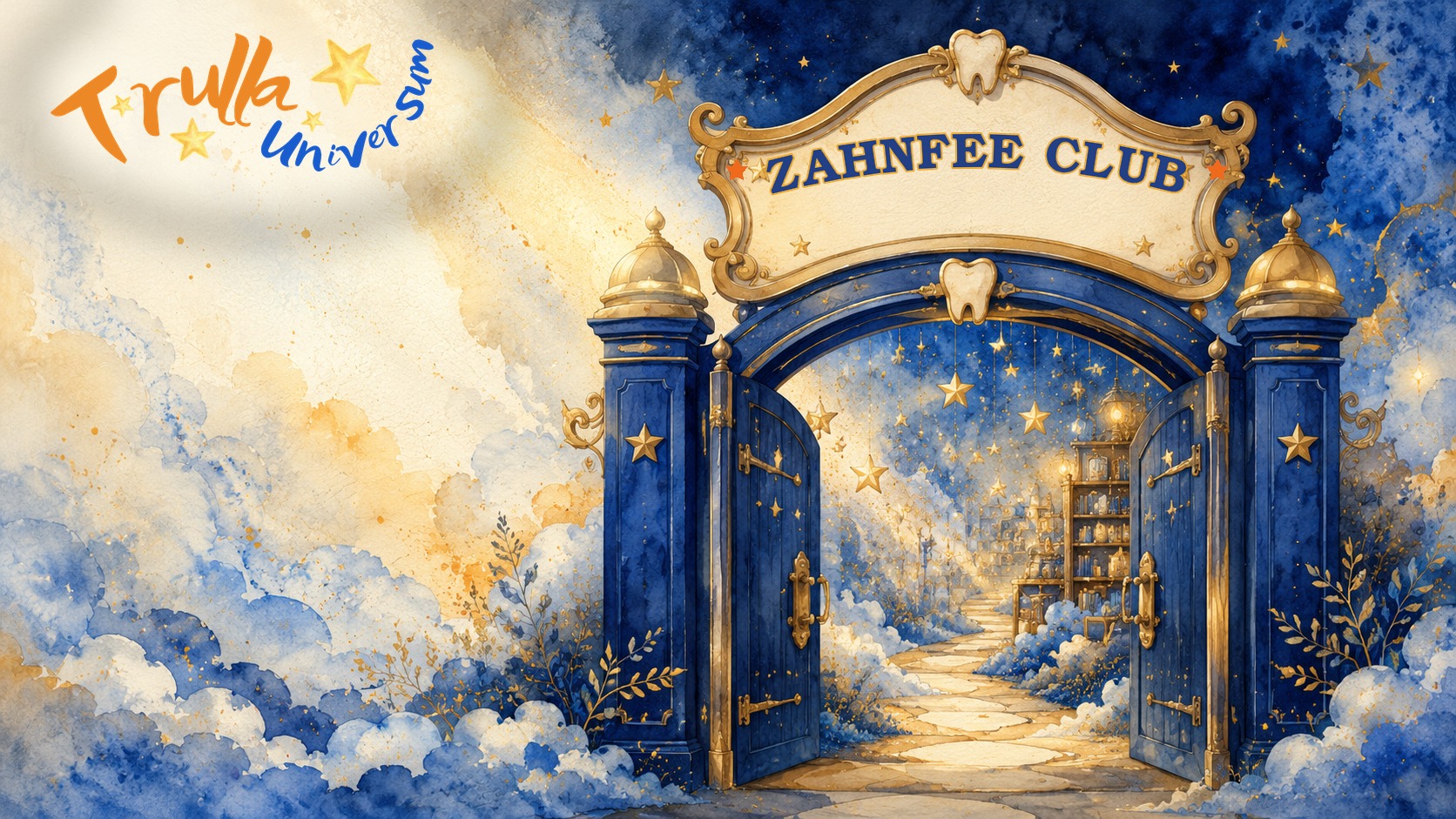 Ein geöffnetes blau-goldenes Eingangstor führt durch lebendige Aquarellwolken in den magisch beleuchteten Zahnfee-Club. Über dem Tor steht Zahnfee-Club.